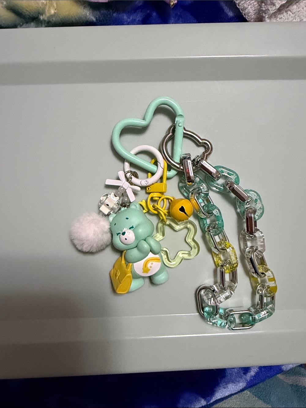Mint Green Care Bear Keychain Charm with Pom Pom and Acrylic Chain